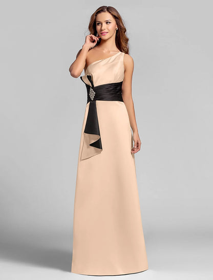 A-Line Elegent One Shoulder Floor Length Satin Bridesmaid Dress with Crystal Brooch