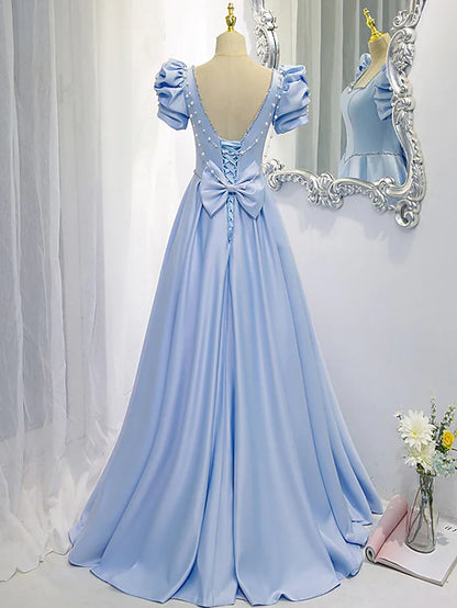 A-Line Bridesmaid Dress Square Neck Short Sleeve Elegant Satin with Bow(s) Beading