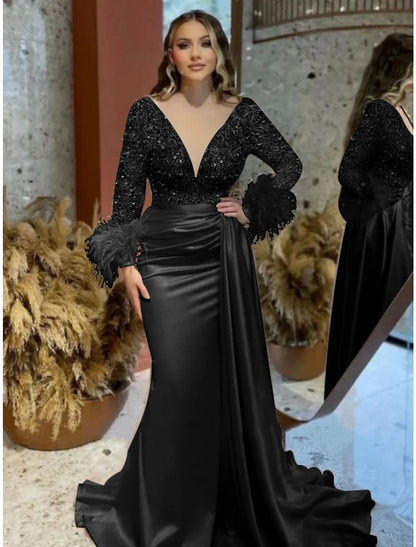 Mermaid Plus Size Dress Champagne Satin Evening Gown Sparkle Sequin Dress Walk Through Formal Wedding Court Train Long Sleeve V Neck with Feather Glitter Ruched