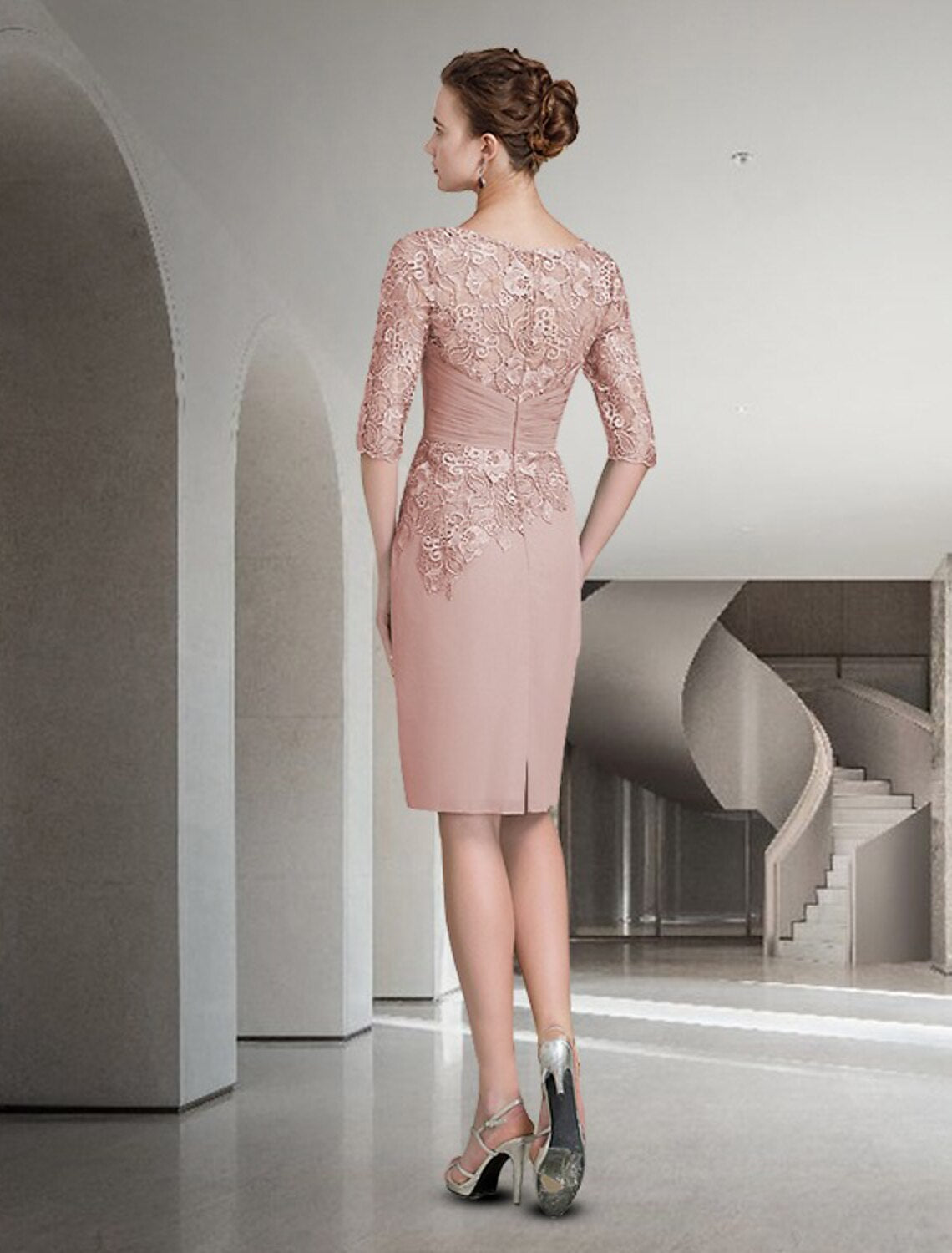 Two Piece Sheath / Column Mother of the Bride Dress Wedding Guest Church Elegant Plus Size Jewel Neck Knee Length Chiffon Lace Half Sleeve Wrap Included Jacket Dresses with Ruched Appliques