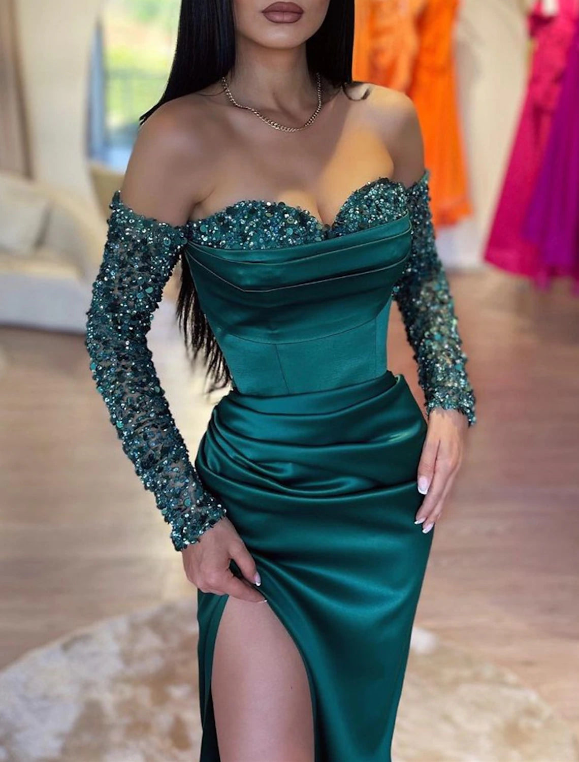 Sheath Mermaid Floor Length Evening Gown Off Shoulder Long Sleeve Ruched Sleek Satin Prom Dress With Split
