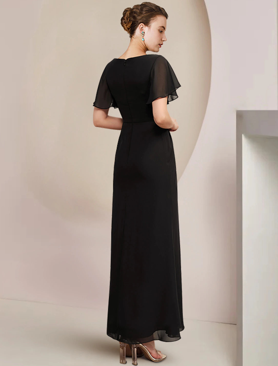 Scoop Neck Ankle Length Wedding Guest Dress  Chiffon Short Sleeve  Mother of the Bride Dress  with Crystal Brooch Side-Draped