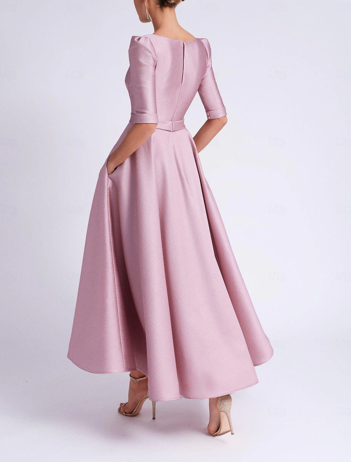 A-Line Cocktail Dresses Formal Wedding Guest Tea Length Half Sleeve V Neck Satin with Pocket&nbsp;