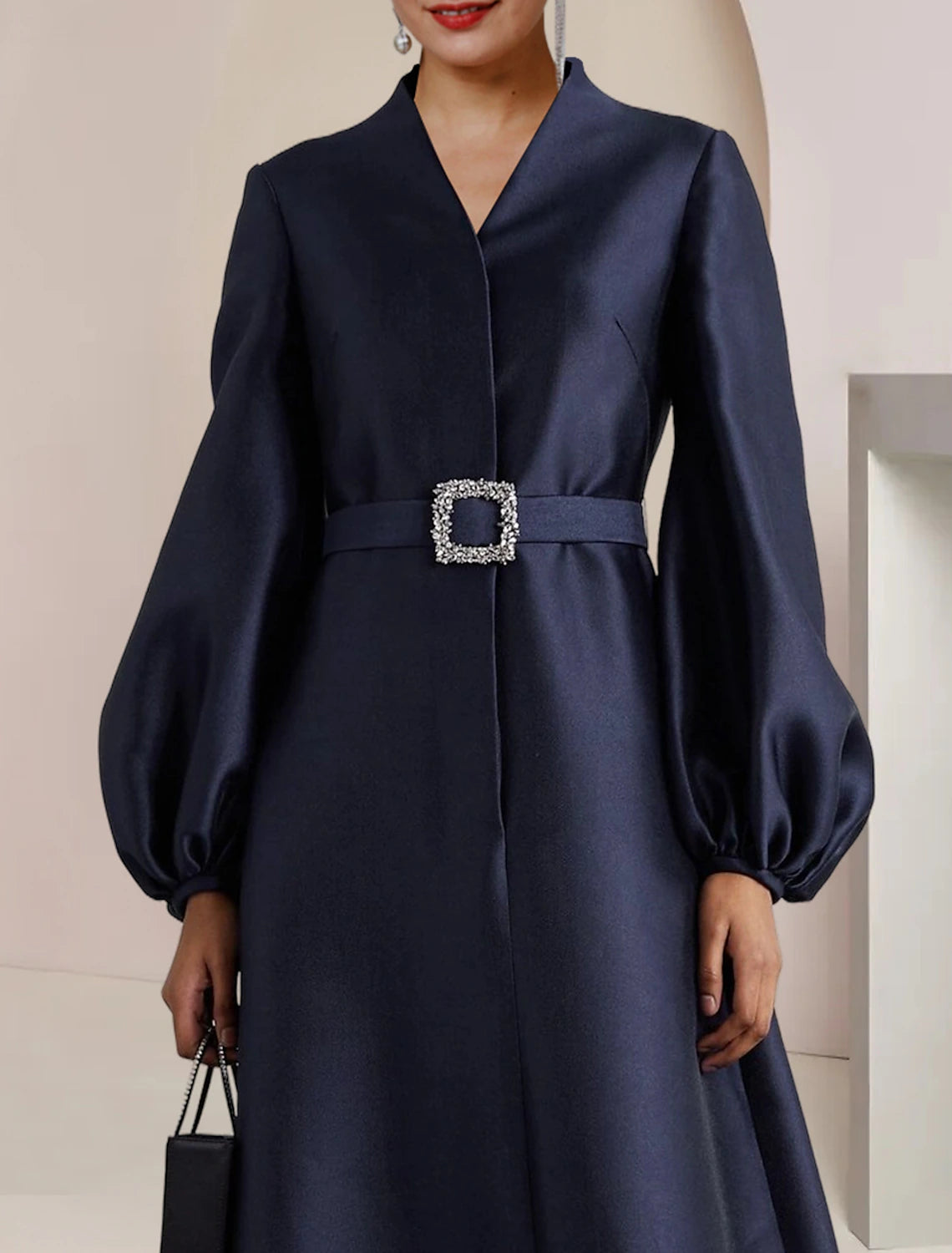 A-Line  V Neck Floor Length Wedding Guest Party Dress Satin Long Sleeve  Mother of the Bride Dress with Pearls Crystal Brooch