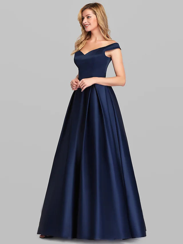 A-Line Evening Gown Elegant & Luxurious Dress Wedding Guest Floor Length Sleeveless Plunging Neck Charmeuse with Ruched