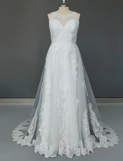 A-Line Plus Size Curve Wedding Dresses Luxurious Dress Formal Evening Court Train Sleeveless Jewel Neck Lace with Appliques