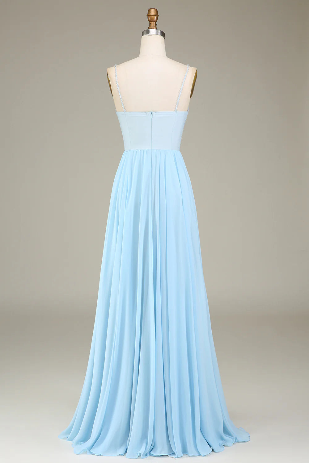 A-Line Pleated Spaghetti Straps Chiffon Long Bridesmaid Dress With Beading