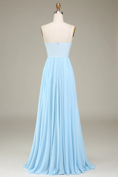 A-Line Pleated Spaghetti Straps Chiffon Long Bridesmaid Dress With Beading