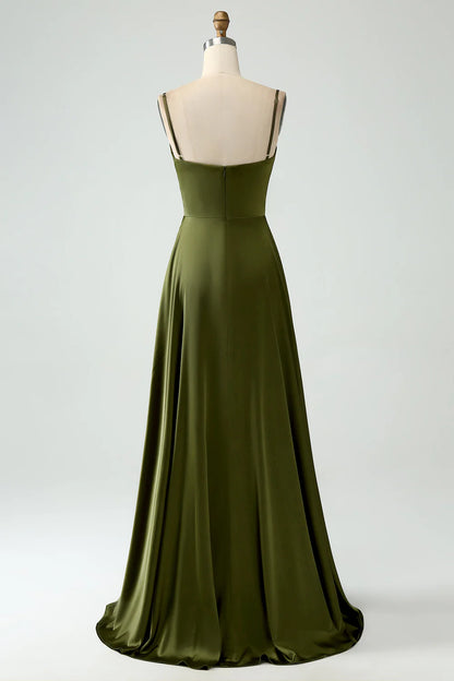 A-Line Spaghetti Straps Olive Satin Long Bridesmaid Dress