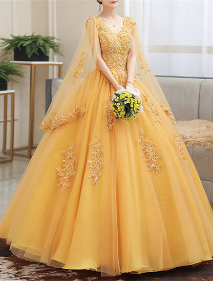 Ball Gown Quinceanera Dresses Princess Dress Sweet 16 Floor Length Short Sleeve V Neck Tulle with Appliques