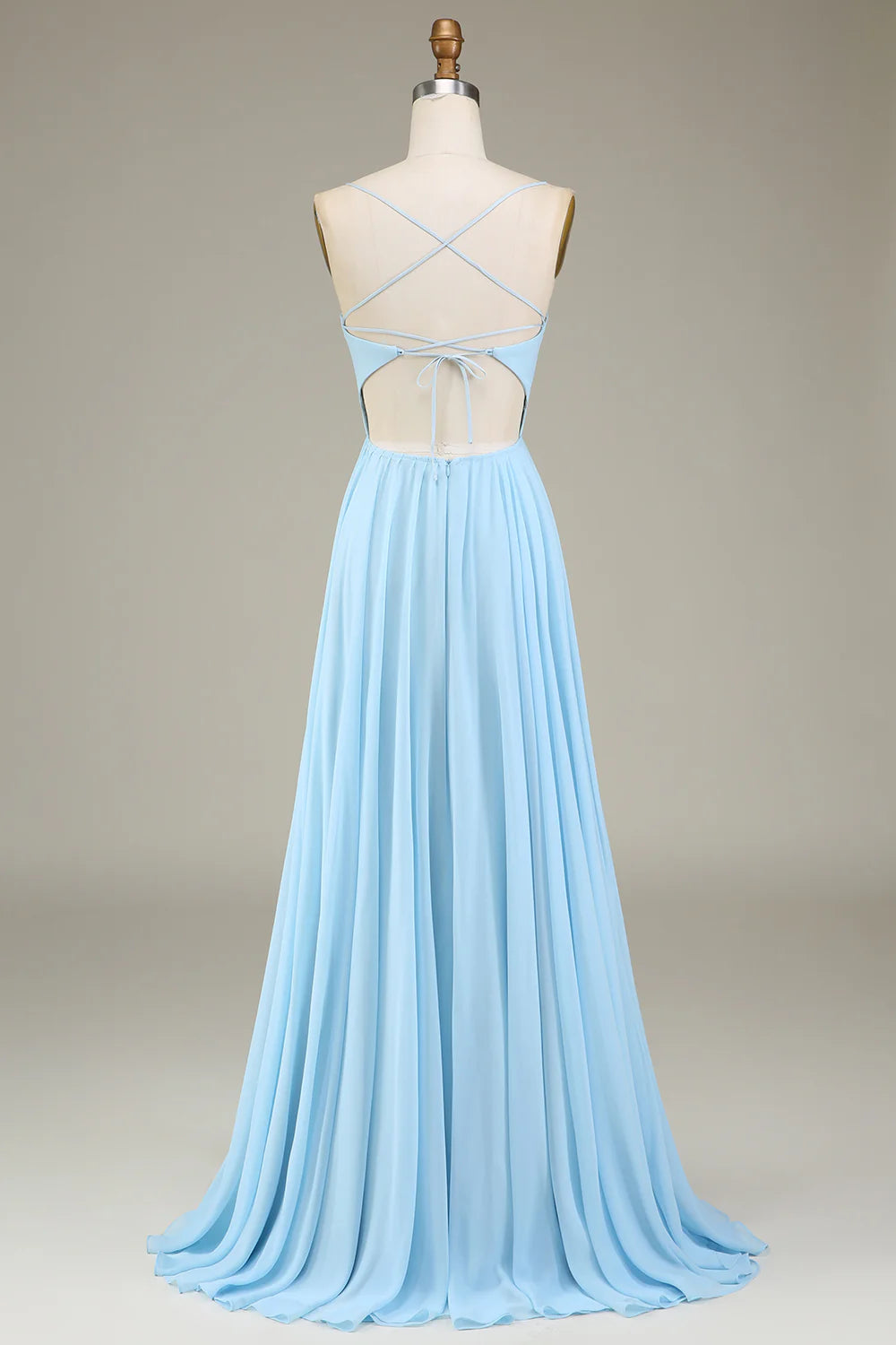 A-Line Pleated Spaghetti Straps Sky Blue Chiffon Long Bridesmaid Dress