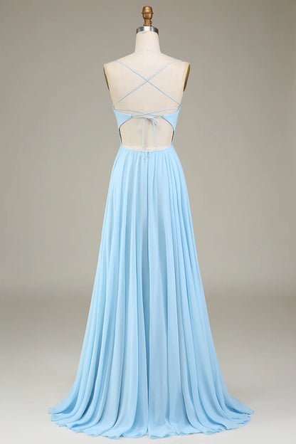 A-Line Pleated Spaghetti Straps Sky Blue Chiffon Long Bridesmaid Dress