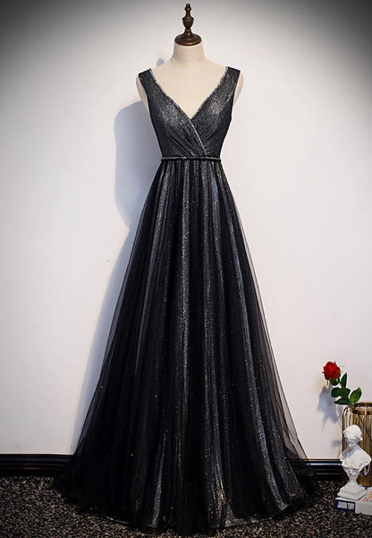 A-Line V-Neck Black Tulle Evening Dresses Long Prom Dresses