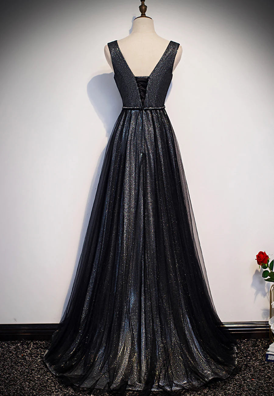 A-Line V-Neck Black Tulle Evening Dresses Long Prom Dresses