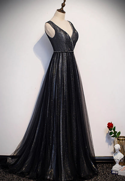 A-Line V-Neck Black Tulle Evening Dresses Long Prom Dresses