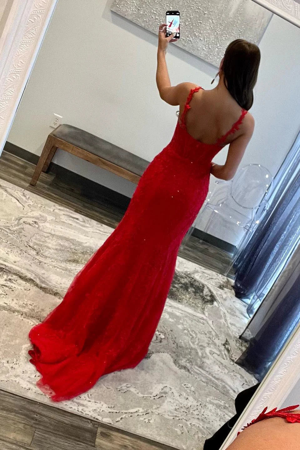 Sweep/Brush Train Dresses Red Hot Pink Lace Appliques Long Prom Formal Dress
