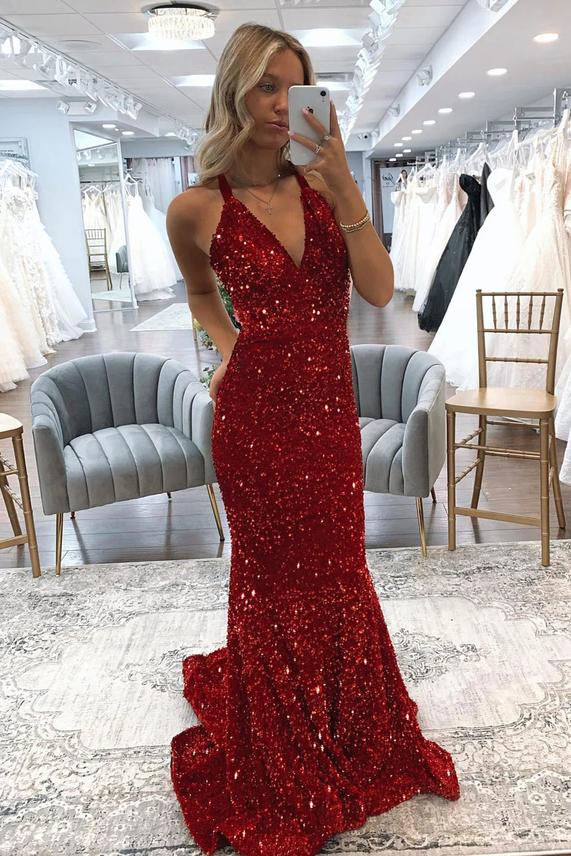 Sheath Mermaid V Neck Crossed Back Glitter Sparking Sequins Sweeping Long Prom Dress