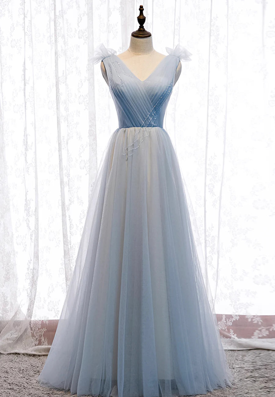 A-Line Floor Length Blue V-Neck Tulle Evening Dresses Long Prom Dresses