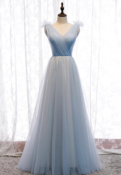 A-Line Floor Length Blue V-Neck Tulle Evening Dresses Long Prom Dresses