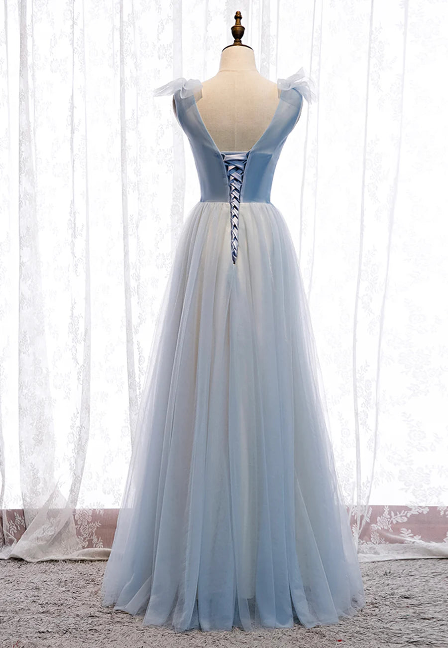 A-Line Floor Length Blue V-Neck Tulle Evening Dresses Long Prom Dresses