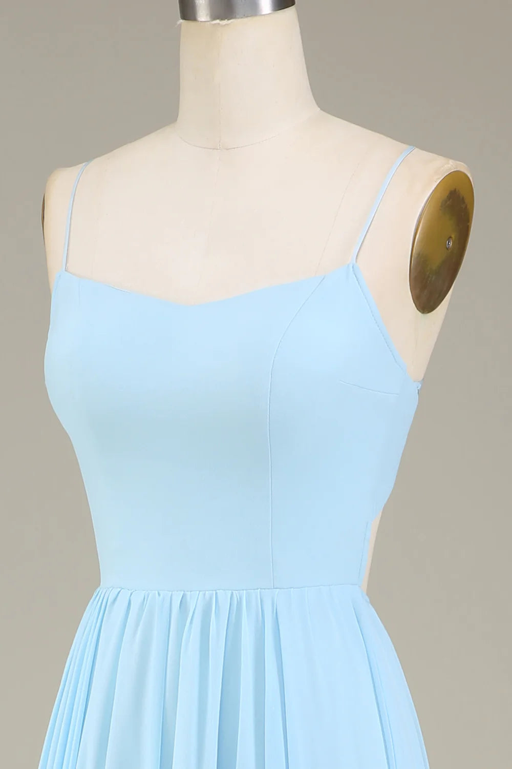 A-Line Pleated Spaghetti Straps Sky Blue Chiffon Long Bridesmaid Dress