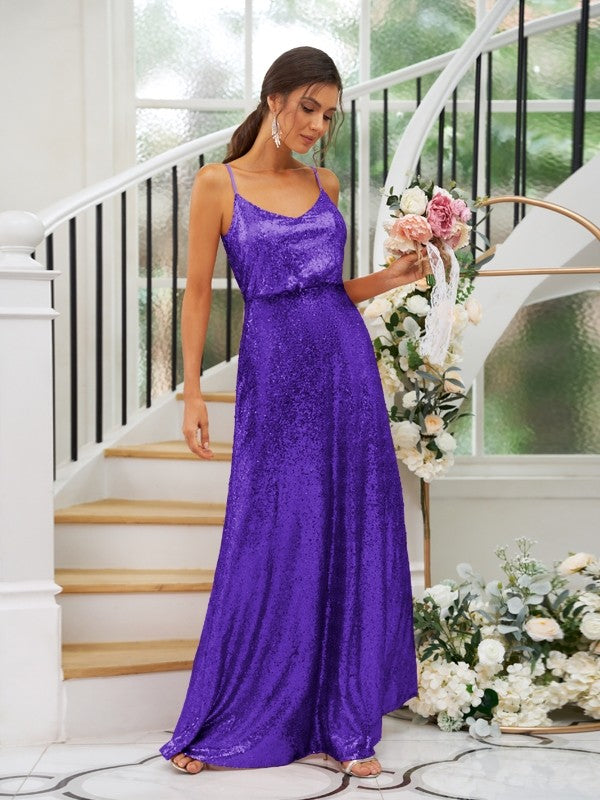 A-Line/Princess Sequins Ruched Straps Sleeveless Floor-Length Bridesmaid Dresses