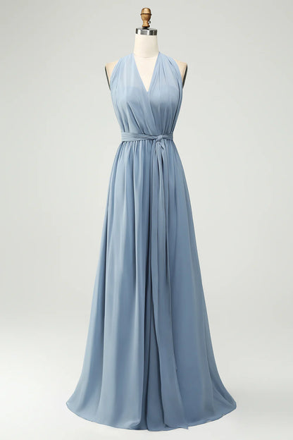 A Line Chiffon One Shoulder Dusty Blue Long Bridesmaid Dress