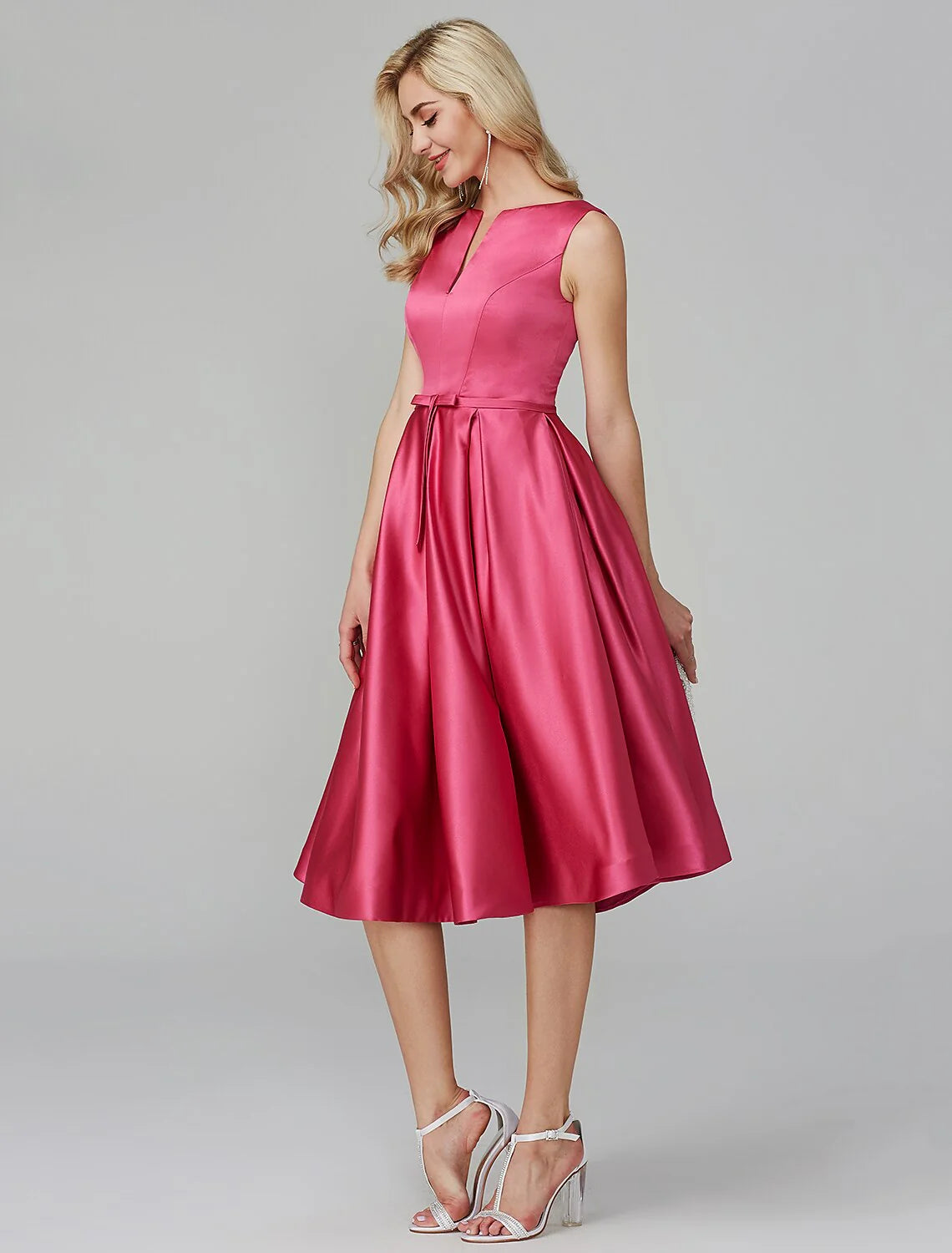 A-Line Party Dress Wedding Guest Knee Length Sleeveless V Wire Barbiecore Satin with Sash / Ribbon