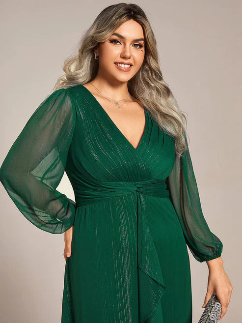 Plus Size Twist Knot Louts Leaf Long Sleeve A-Line Evening Dress With Prom Dresses Party Dresses Wedding Guest Dresses