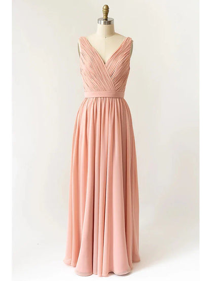 A-Line Bridesmaid Dress V Neck Sleeveless Open Back Floor Length Chiffon with Pleats