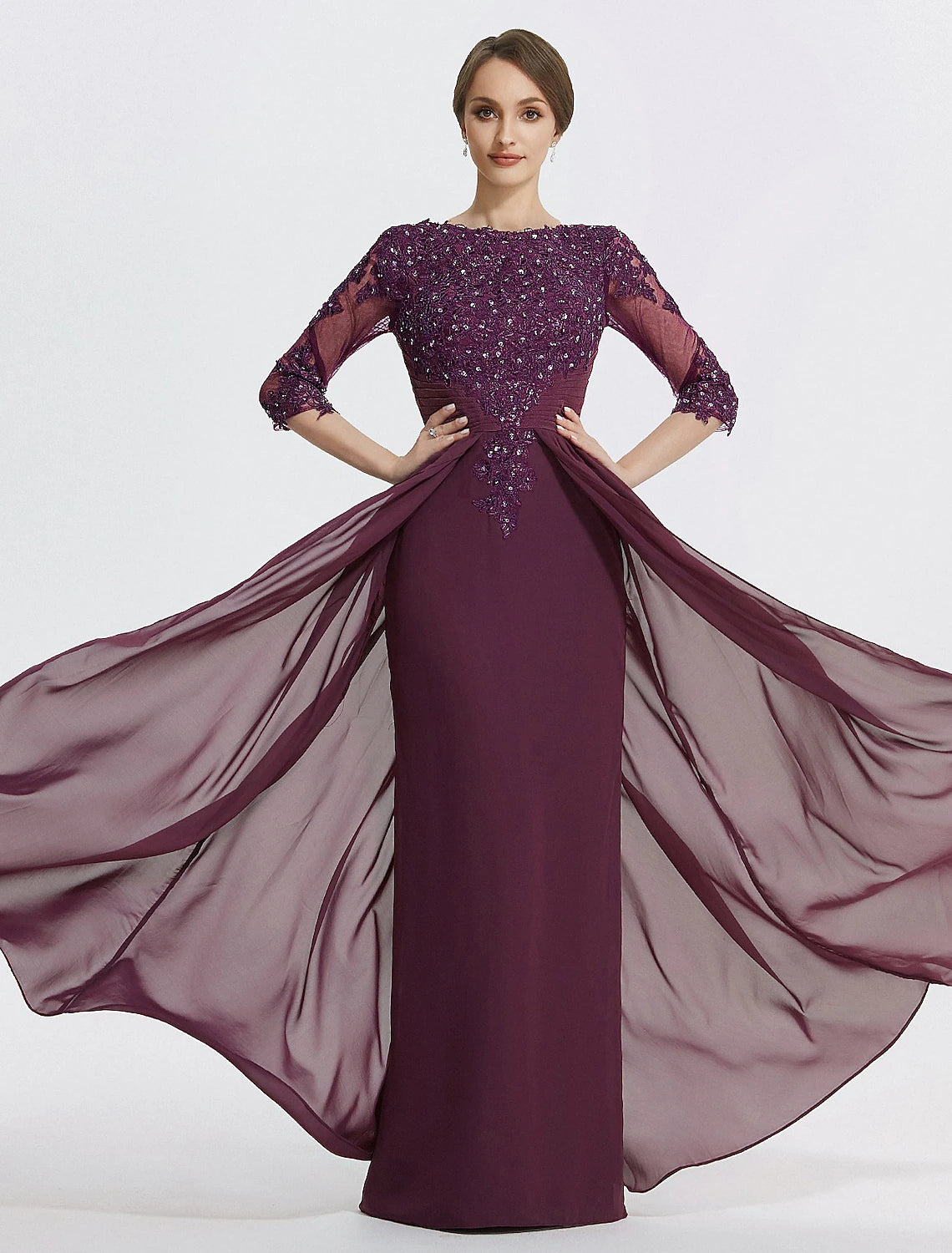 Sheath / Column Mother of the Bride Dress Formal Wedding Guest Elegant Sparkle & Shine Jewel Neck Asymmetrical Floor Length Chiffon Lace 3/4 Length Sleeve with Sequin Appliques