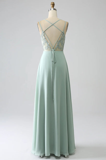 A-Line  V Neck Spaghetti Straps Backless Pleated Long Bridesmaid Dress