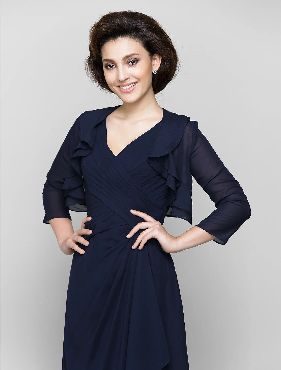 Sheath / Column Mother of the Bride Dress Convertible Dress V Neck Floor Length Chiffon 3/4 Length Sleeve with Criss Cross Cascading Ruffles