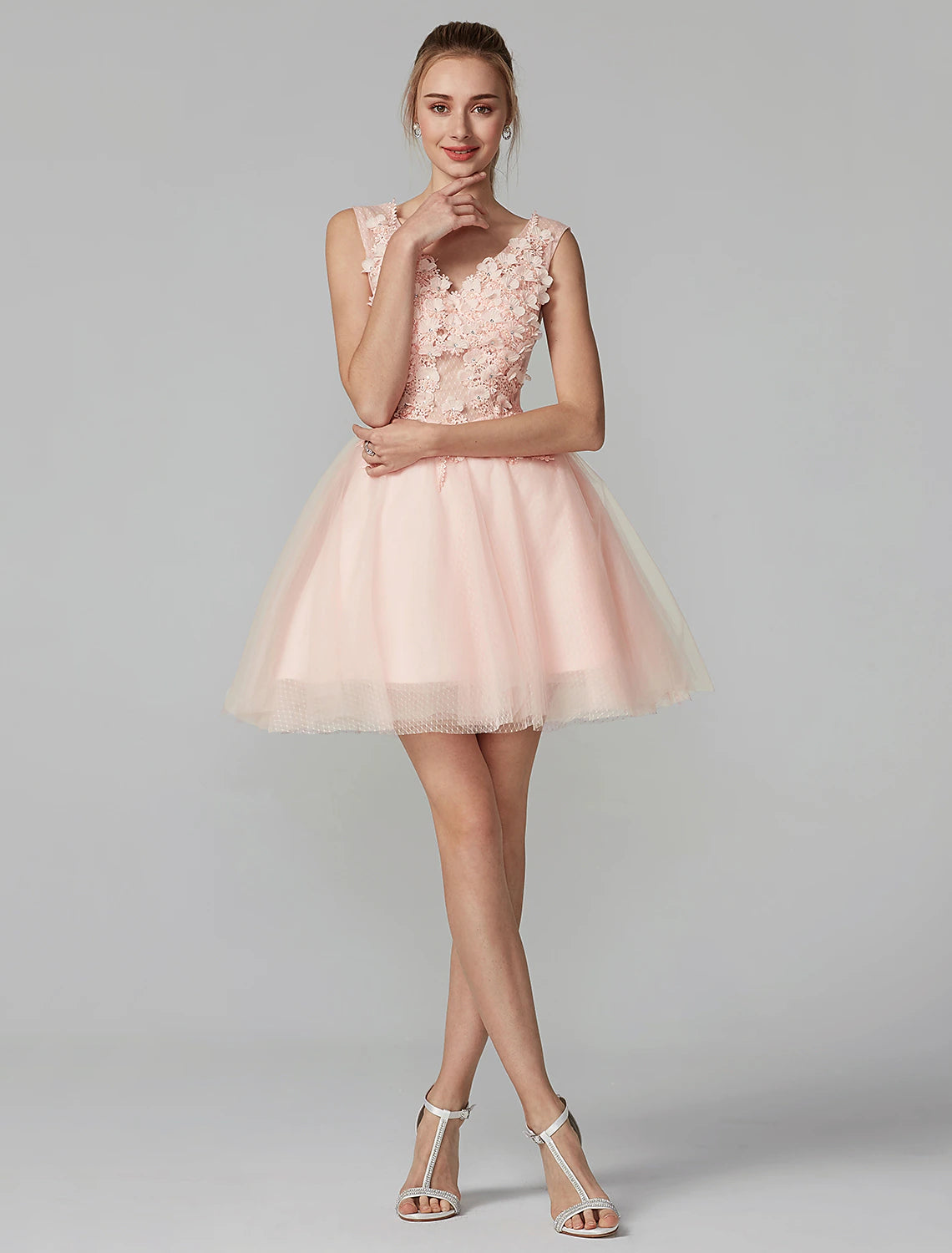 A-Line Party Dress Wedding Guest Homecoming Short / Mini Sleeveless V Neck Lace Over Tulle with Crystals Appliques