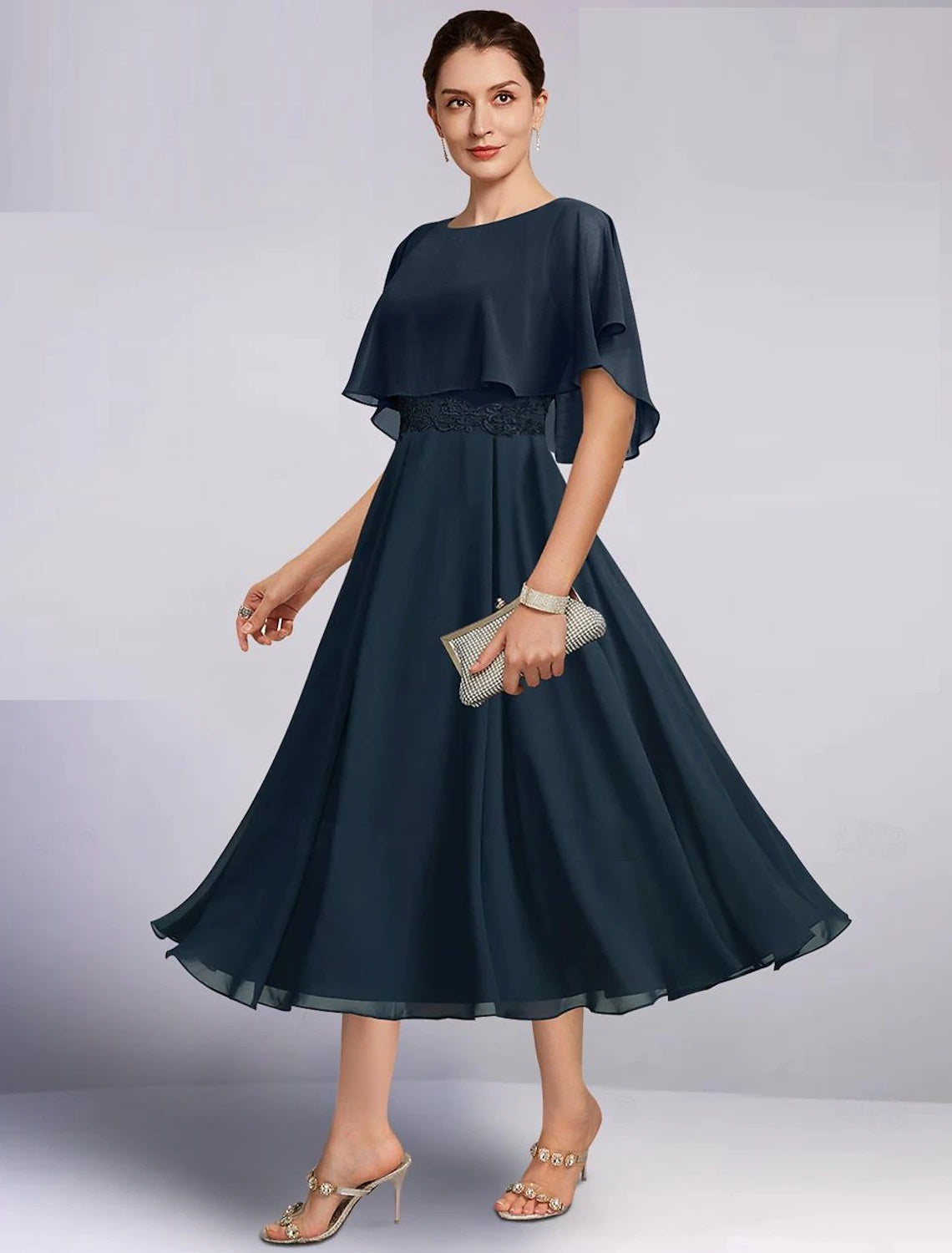 A-Line Half Sleeve Lace Mother of the Bride Dress Formal Elegant Jewel Neck Tea Length Chiffon Wedding Guest Dress