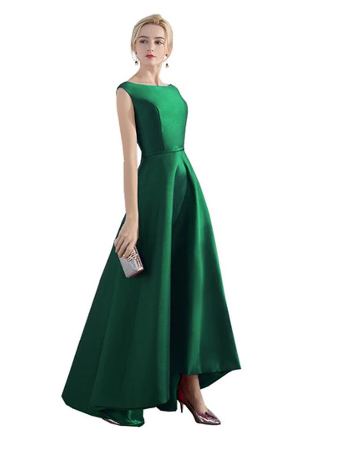 A-Line Evening Gown Christmas Red Green Dress Wedding Guest Party Wear Asymmetrical Sleeveless Jewel Neck Satin with Sleek