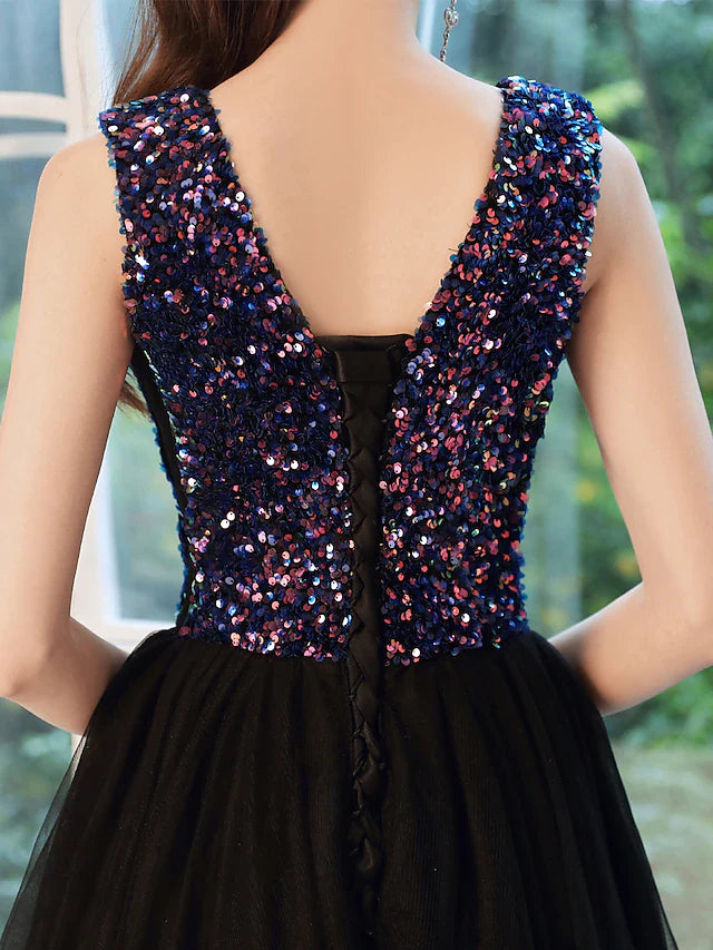 A-Line Glittering Minimalist Wedding Guest Prom Dress V Neck Sleeveless Floor Length Sequined with Sequin