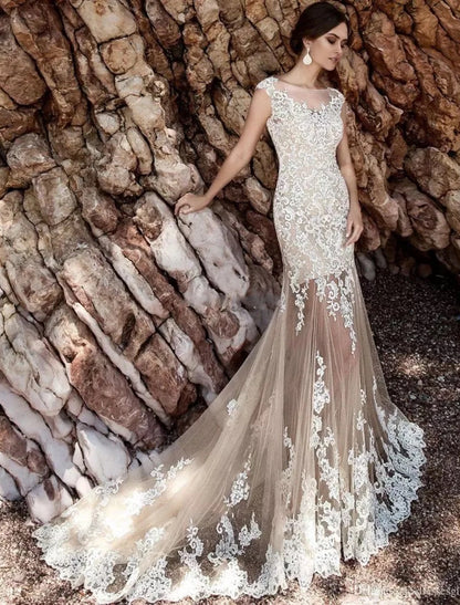 Engagement Formal Wedding Dresses Mermaid / Trumpet Illusion Neck Cap Sleeve Court Train Lace Bridal Gowns With Appliques