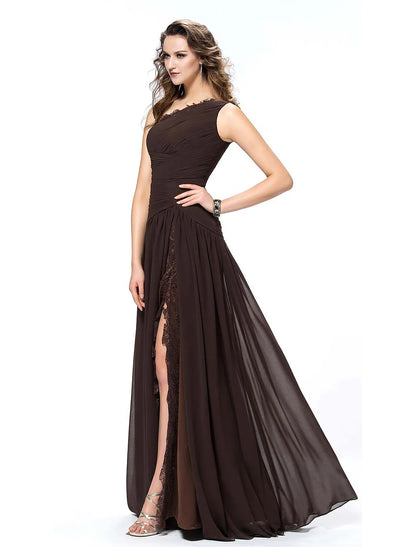 A-Line Elegant Sexy Party Wear Formal Evening Dress One Shoulder Backless Sleeveless Floor Length Chiffon with Slit Lace Insert