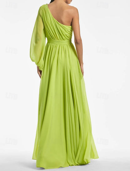 A-Line Wedding Guest Dress Formal Wedding Party Floor Length Long Sleeve One Shoulder Chiffon with Ruched