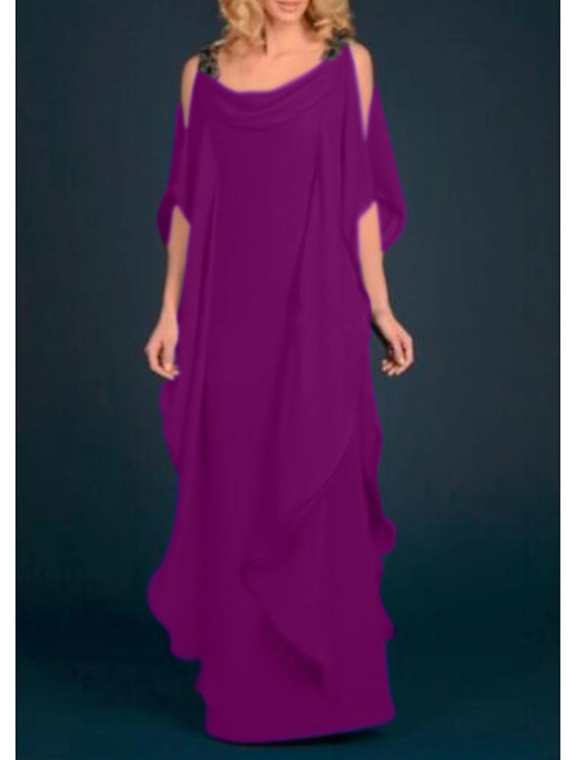 Plus Size Scoop Neck Floor Length Wedding Guest Party Dress Chiffon Half Sleeve Mother of the Bride Dress with Appliques