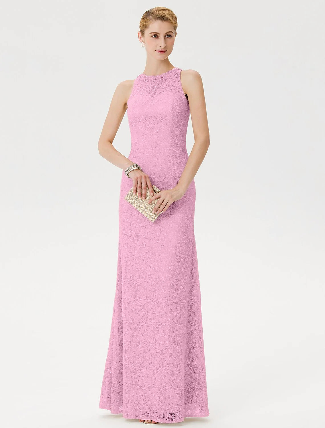 Sheath / Column Mother of the Bride Dress Elegant See Through Illusion Neck Floor Length Lace Sleeveless with Crystals Beading