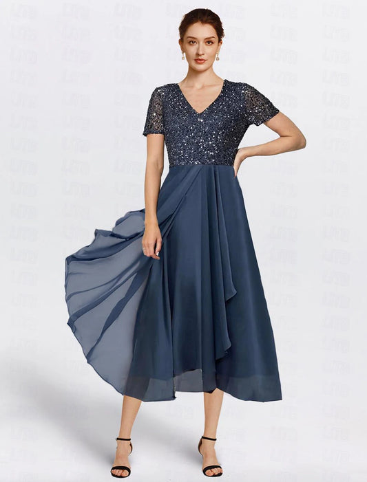 A-Line Mother of the Bride Dress Elegant Sequin Dress Formal Wedding Guest Petite V Neck Tea Length Chiffon Short Sleeve with Tier