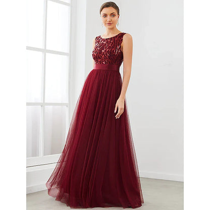 A-Line Bridesmaid Dress Jewel Neck Sleeveless Sparkle & Shine Floor Length Tulle with Tier