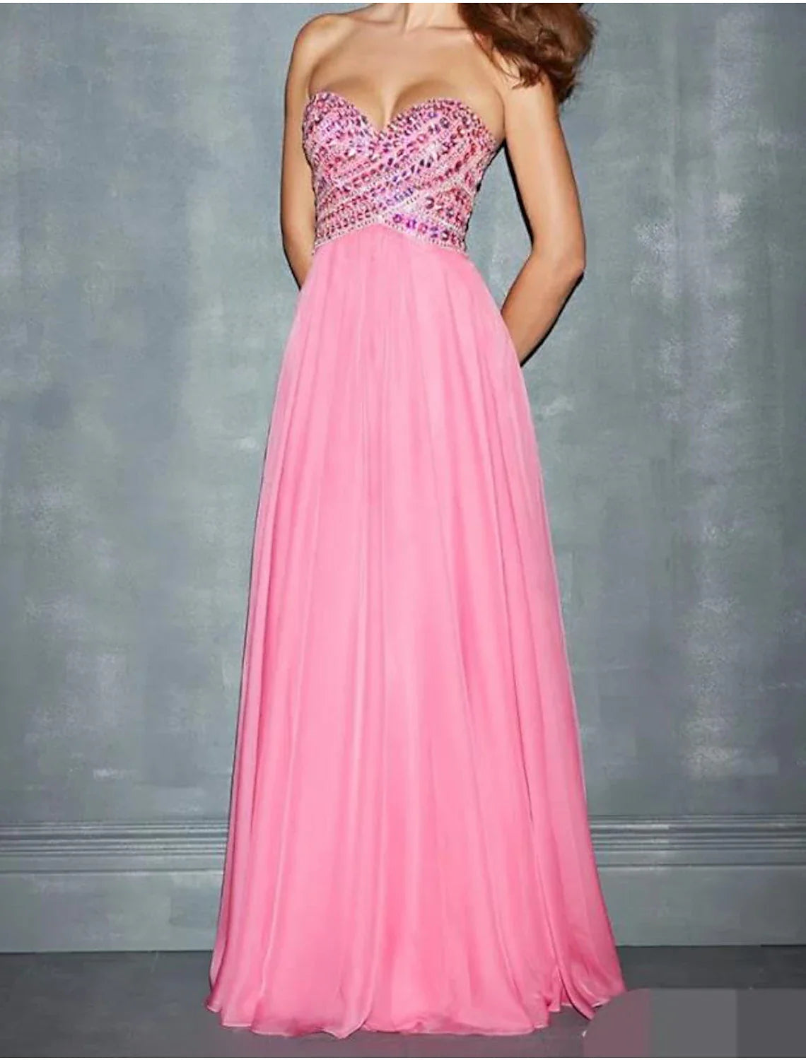 A-Line Evening Gown Glittering Dress Wedding Guest Sweep / Brush Train Sleeveless Sweetheart Chiffon with Rhinestone Beading Pure Color