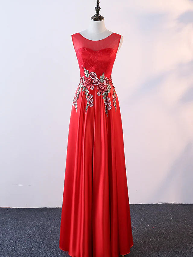 A-Line Evening Gown Elegant Dress Prom Floor Length Sleeveless Jewel Neck Satin with Embroidery Appliques  1 review $74.99