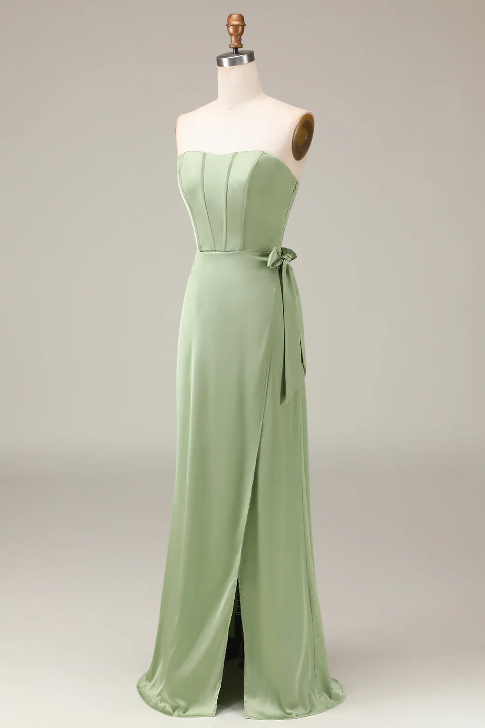 A-line Matcha Strapless Corset Satin Bridesmaid Dress with Slit