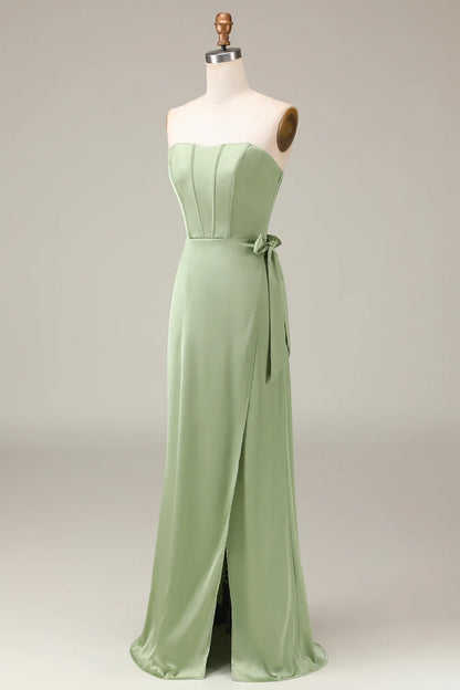 A-line Matcha Strapless Corset Satin Bridesmaid Dress with Slit