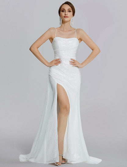 Mermaid / Trumpet Prom Dresses Sparkle Dress Wedding Floor Length Sleeveless Cowl Neck Sequined with Ruched Slit
