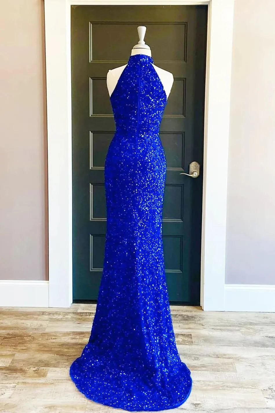 Sweep/Brush Train Dresses Shine Sequins High Neck Royal Blue Long Party Dress with Slit